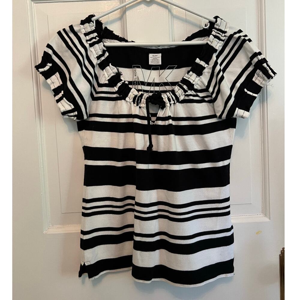 Vintage Michael Kors Black White Stripe Top Raw Edge Neck Y2K T Shirt Women's S
